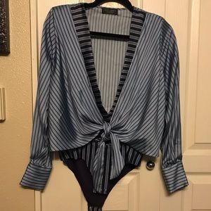 Zara navy blue stripe body suit silky blouse